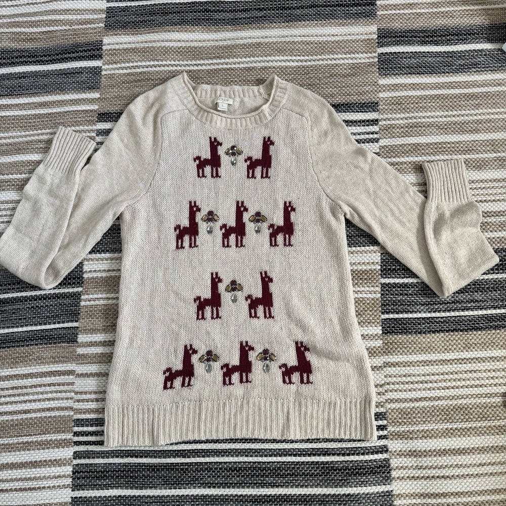J.Crew Sweater Women's Small Beige Jeweled Llama Intarsia Merino Wool Knit B3785